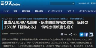 生成AIを用いた薬剤・疾患関連情報の収集　医師の15％が「経験ある」情報の信頼度も高く｜ミクス